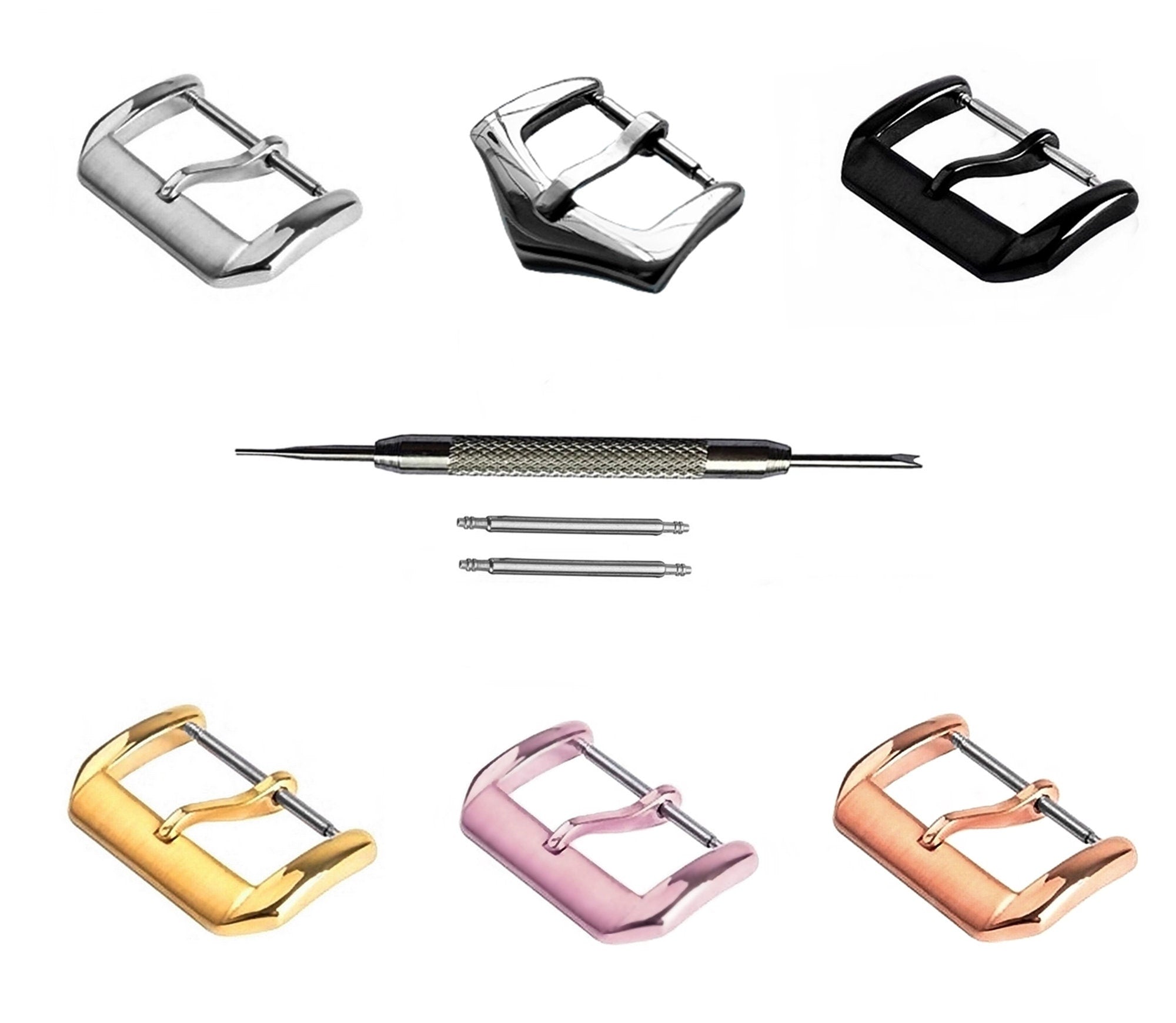 4pcs Set Elegant Buckles for 12mm 14mm Watch Straps Bands Replacement Kit Clasp Silver Black Pink Rose Gold Color Finish -Pins Tool Included